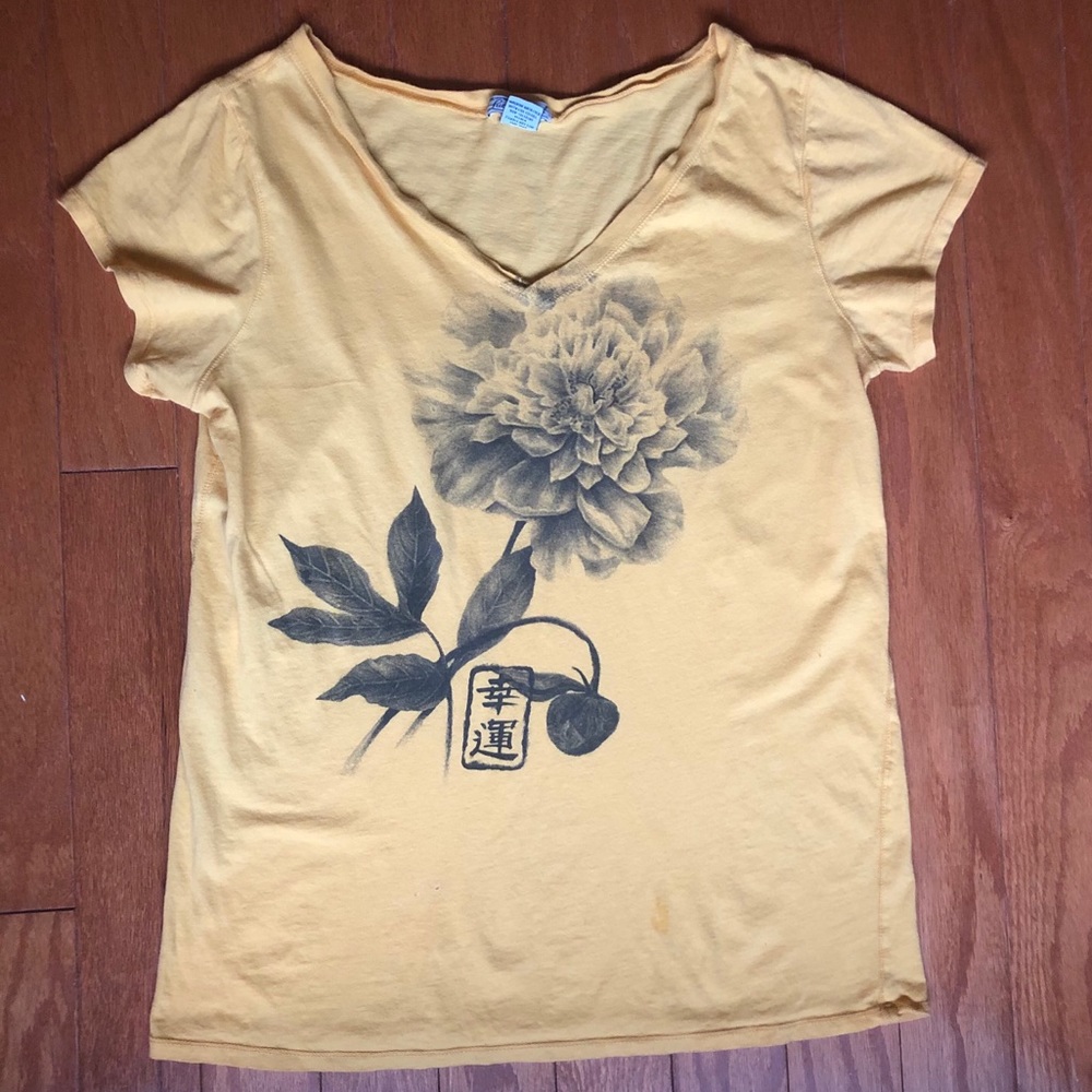 Vintage Lucky Brand Asian Yellow Floral V-Neck